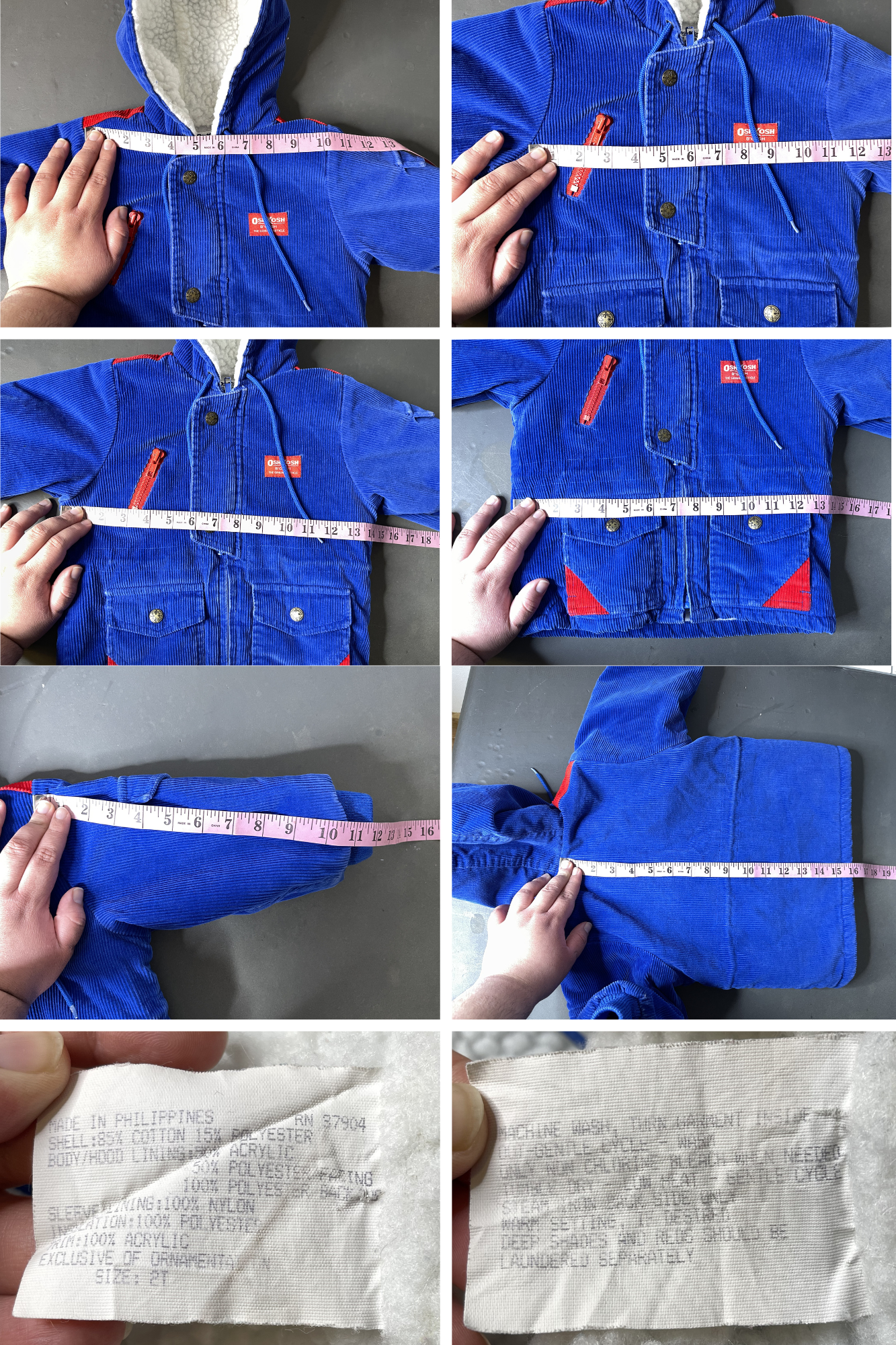 Vintage Oshkosh B'Gosh Blue Red Corduroy Sherpa Lined Hooded Kids Jacket Size 2T