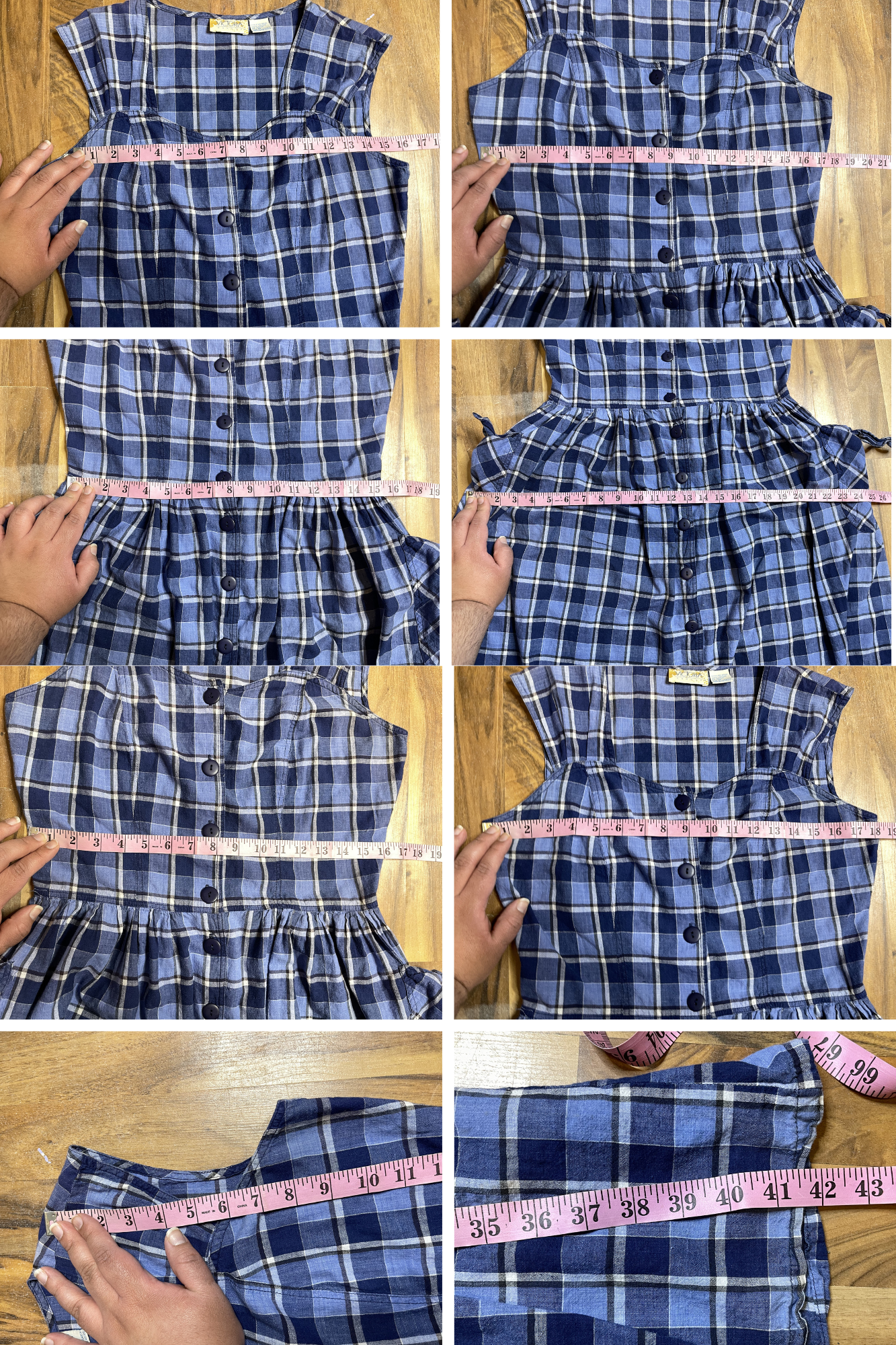 Vintage 90s Blue White Plaid Button Down Midi Dress Sz M