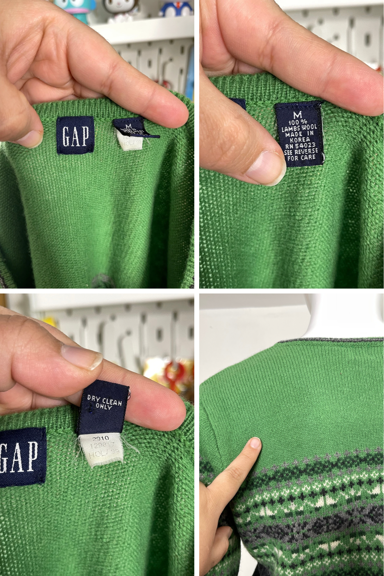 Vintage 90s Fair Isle Green Gap Lambs Wool Long Sleeve Sz S/M