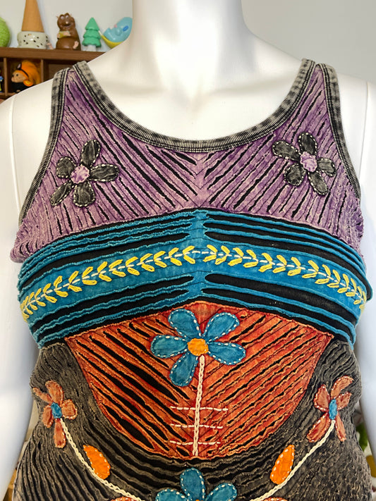 Tie-dye Flower Distressed Patchwork Style Tank Top Sz L