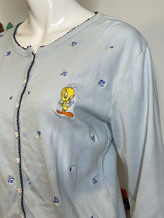 Vintage Tweety Flower Embroidered Baby Blue Cardigan Sz S/M