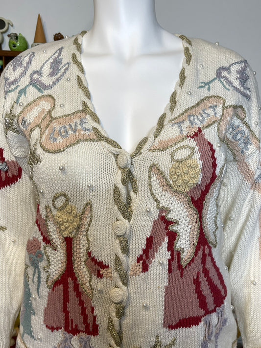 Vintage 90s Holiday Angels Love Bows Oversized Knit Cardigan Sz L