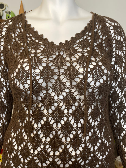 2000s Chocolate Brown Crochet Layering Top Sz L/XL