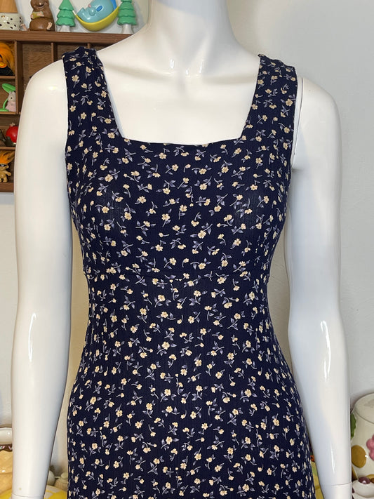 Vintage Navy Blue & Yellow Floral Maxi Dress Sz S/M