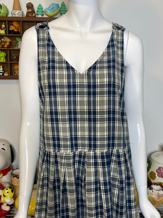 Vintage 90s Oversized Blue Cream Plaid Midi Maxi Dress Sz M/P