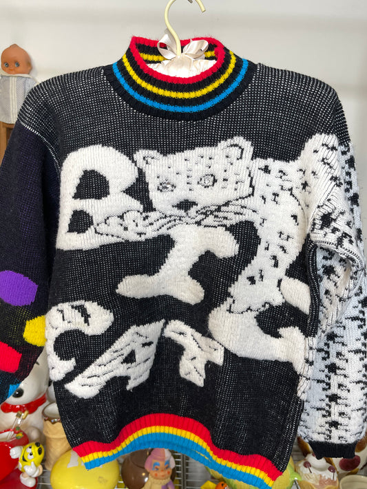 Vintage Colorful Big Cat Leopard Knit Kids Sweater Sz XL