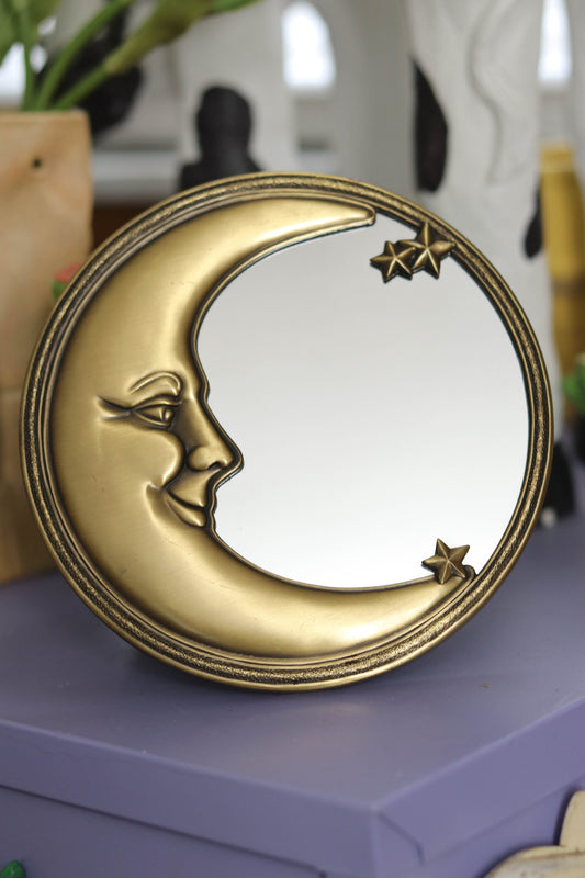 Vintage Round Brass Crescent Moon Small Wall Mirror