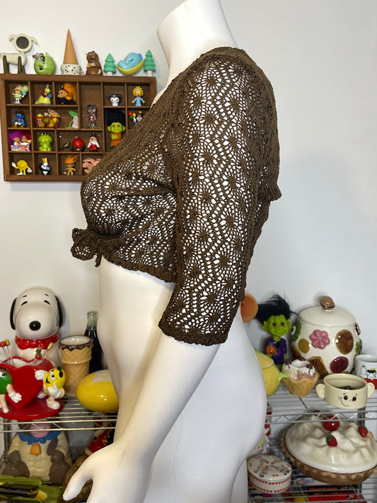 Brown Crochet Tie-Front Cropped 3/4 Sleeve Cardigan Sz L