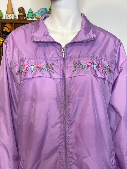 2000s Lilac Purple Flower Embroidered Oversized Windbreaker Jacket Sz L