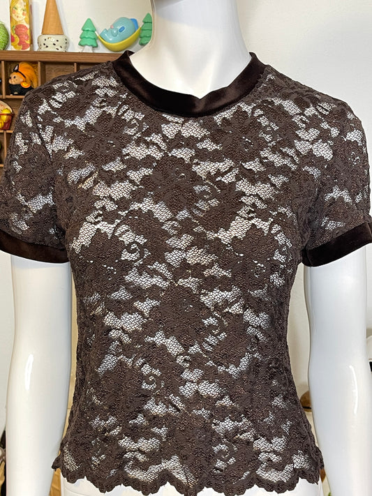 Vintage Brown Flower Lace & Velvet Trim Top Sz M