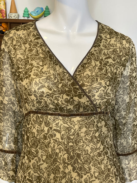 Vintage 2000s Earthy Green Brown Beaded V-Neck Top Sz M