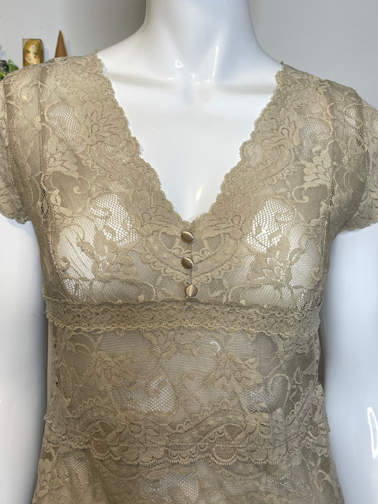 2000s Beige Floral Lace Top Sz S/M