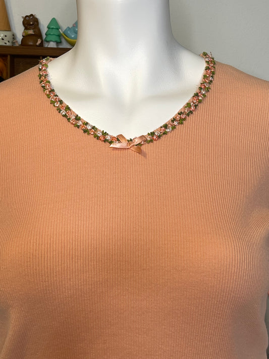 Vintage Peachy Ribbed Rose Bud Flower V-Neck Top Sz XL