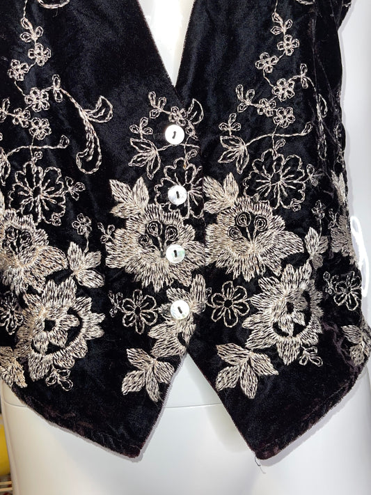 Vintage Dark Deep Purple Velvet Flower Embroidered Vest Sz S