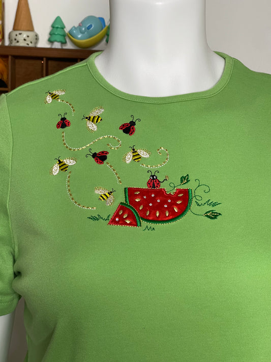 Apple Green Watermelon Lady Bug & Bee Embroidered Tee Sz 1X