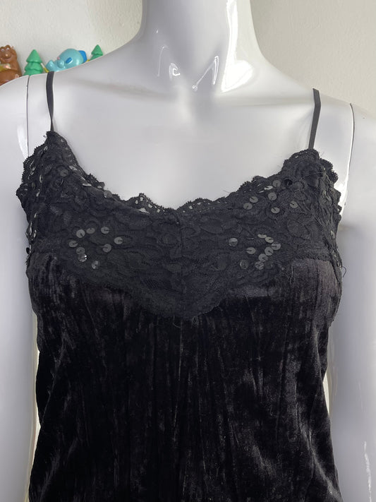 Vintage 2000s Black Sequin, Lace & Velvet Cami Sz M