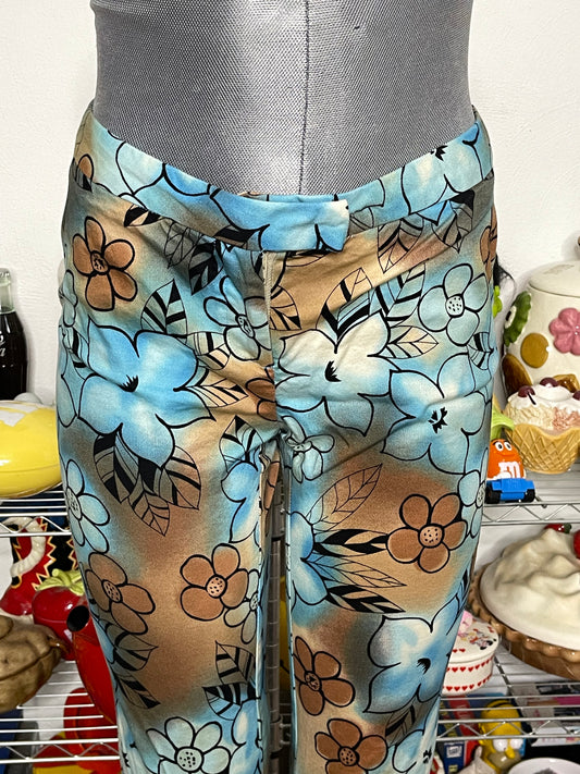 2000s Blue & Brown Tie-dye Flower Print Low Rise Pants Sz 11 29in