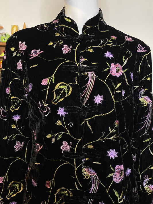 Vintage Black Velvet Flower Butterfly Peacock Embroidered Jacket Sz L/P