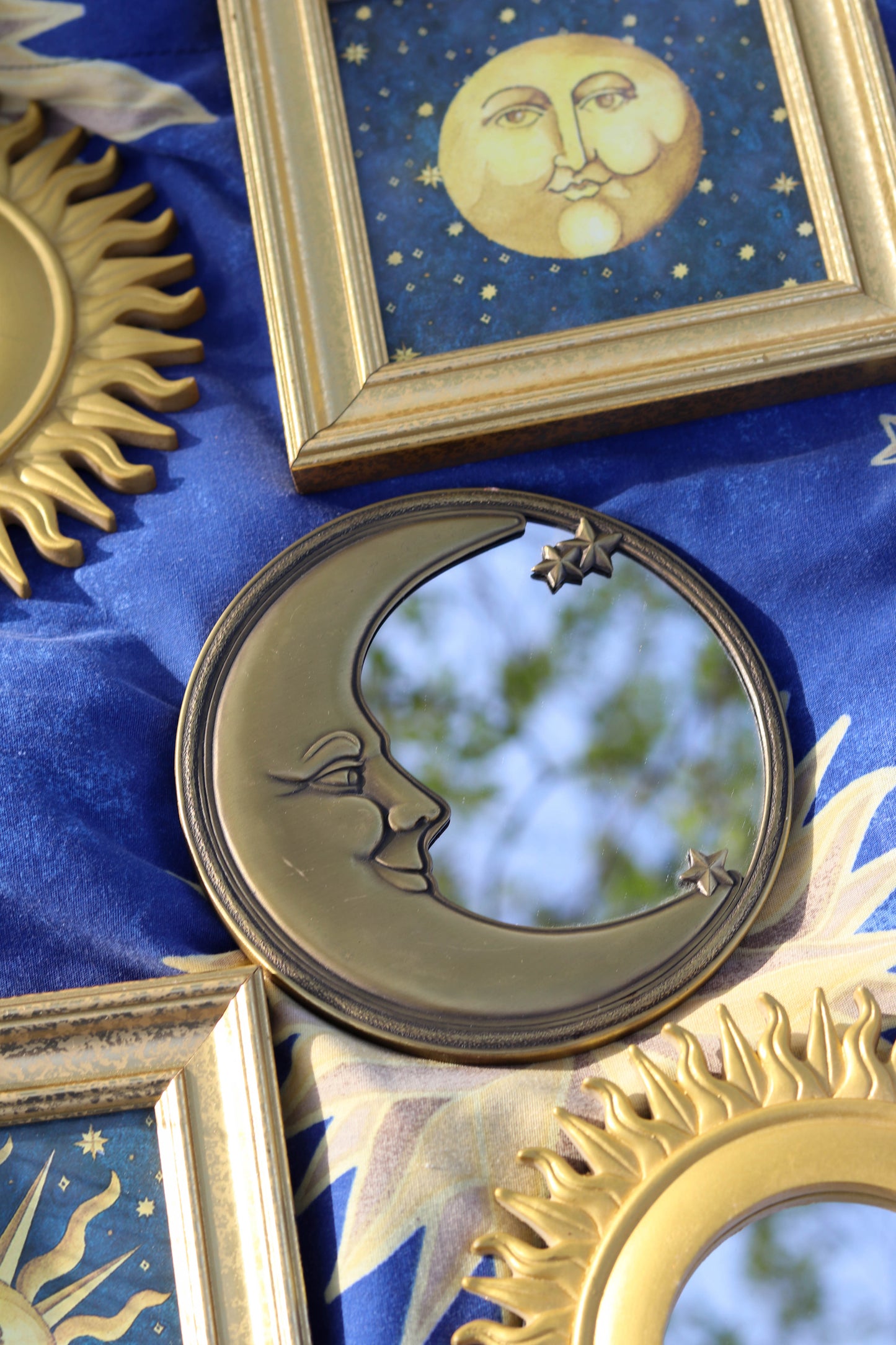 Vintage Round Brass Crescent Moon Small Wall Mirror