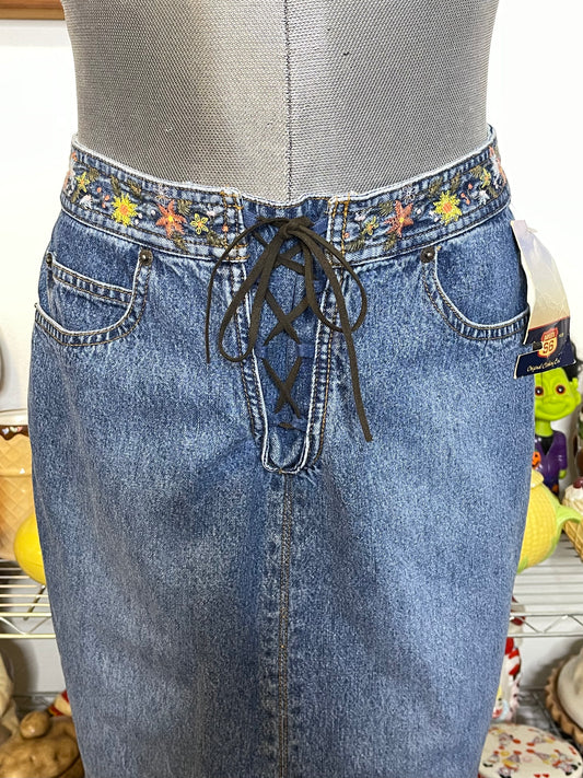 2000s Deadstock Flower Embroidered Lace Up Denim Maxi Skirt Sz 14 32in