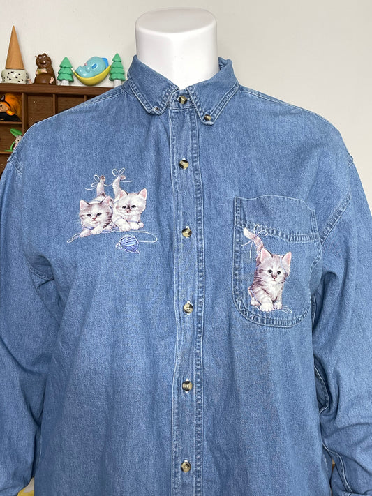 Vintage 90s Cat Denim Button Down Sz XL