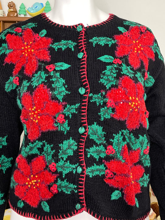 90s Poinsettia Floral Handknit Cardigan Sz L / XL