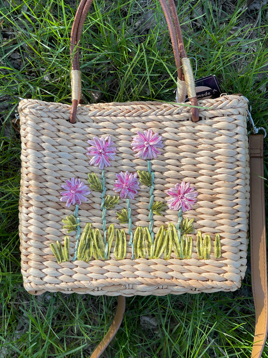 2000s Spring Flower Beaded Straw Picnic Crossbody Bag