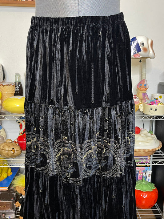 Vintage Deadstock Black & Gold Tiered Velvet Maxi Skirt Sz M/XL