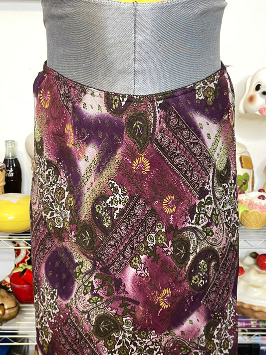 2000s Purple Paisley Print Midi Skirt Sz M