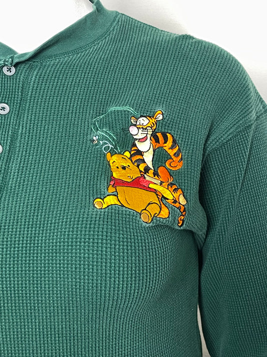 90s Green Waffle Knit Embroidered Pooh Long Sleeve Sz L