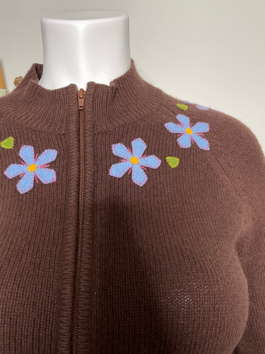 2000s Brown Floral Patchwork Knit Zip-Up Sweater Sz L