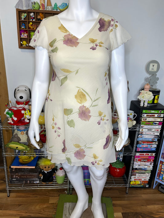 Vintage Cream Sheer Layered Floral Midi Dress Sz L/P