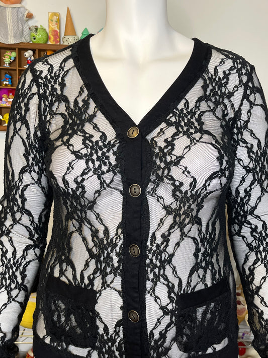2000s Black Floral Sheer Lace Cardigan Sz L