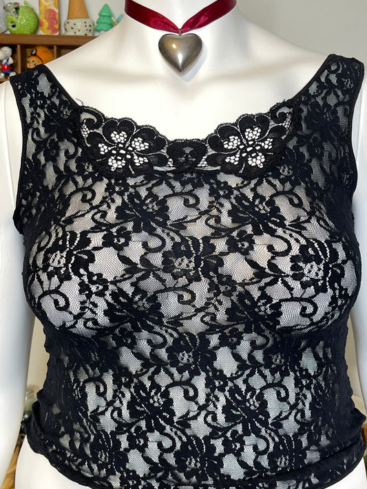 Vintage Sexy Black Fully Lace Lingerie Top Sz L