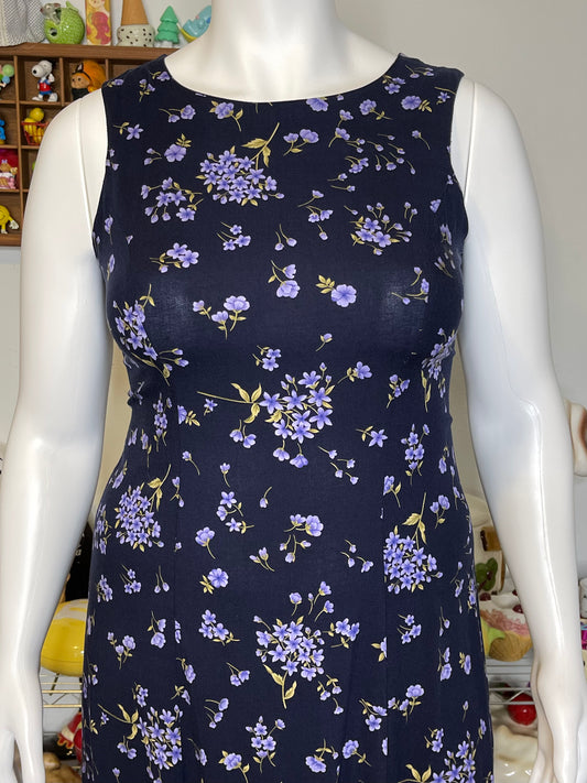 Vintage Navy Blue & Purple Flower Print Maxi Dress Sz L