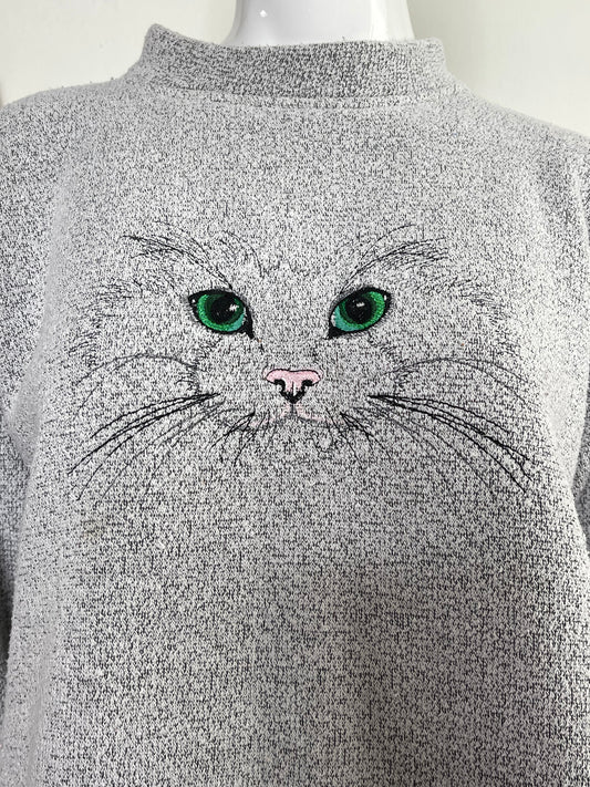 Vintage Grey Cat Embroidered Knit Sweater Sz M