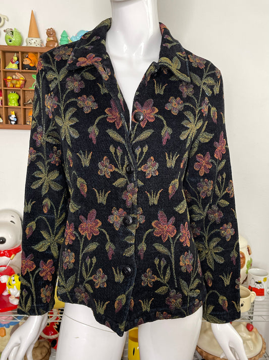 Vintage Black Floral Tapestry Chenille Jacket Sz S
