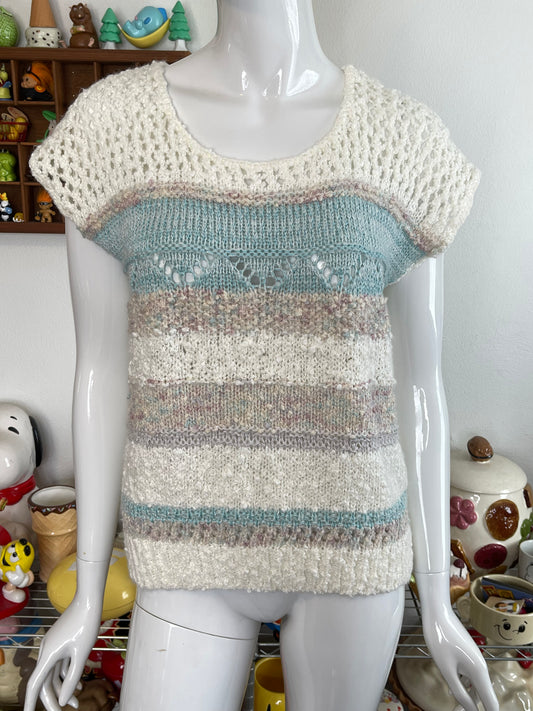 Vintage 90s Cream Pastel Chunky Popcorn Style Knit Sweater Vest Sz M