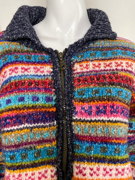 Vintage Colorful Hand Knit Wool Blend Zip-Up Sweater Sz M