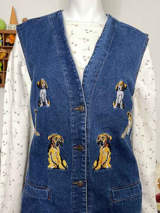 Vintage 90s Dog Denim Embroidered Oversized Vest Sz M/L