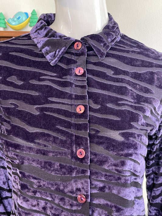 Vintage Purple Swirly Zebra Velvet & Mirco Mesh Collared Button Up Sz S
