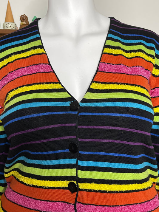 Vintage 90s Rainbow Fuzzy V-Neck Striped Cardigan Sz M/L