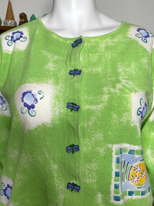 Vintage Butterfly Fish Flowers Hand Painted Cardigan Sz M/L
