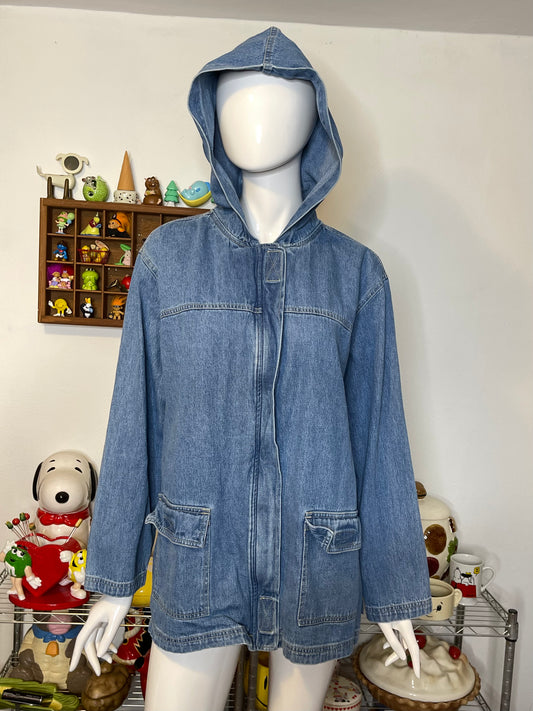 Vintage Light Wash Denim Jean Chore Hood Jacket Sz L