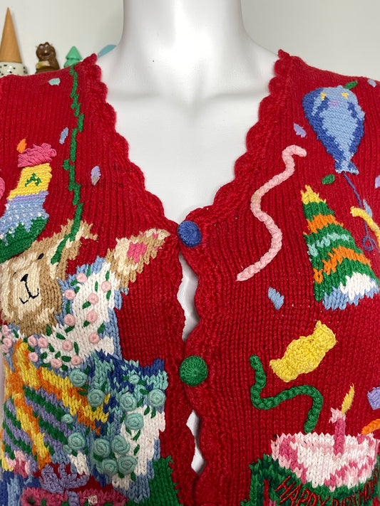 Vintage 90s Birthday Bears Hand Knit Vest Sz M/L