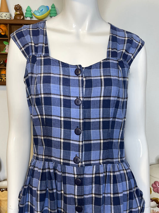 Vintage 90s Blue White Plaid Button Down Midi Dress Sz M