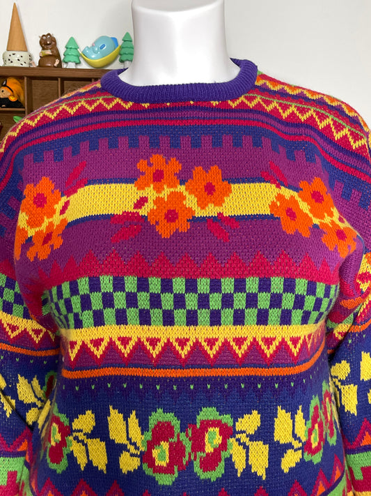Vintage 90s Colorful Funky Floral Knit Sweater Sz L