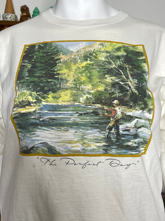 Vintage 90s " The Perfect Day" Fishing Art Graphic Tee Sz XL