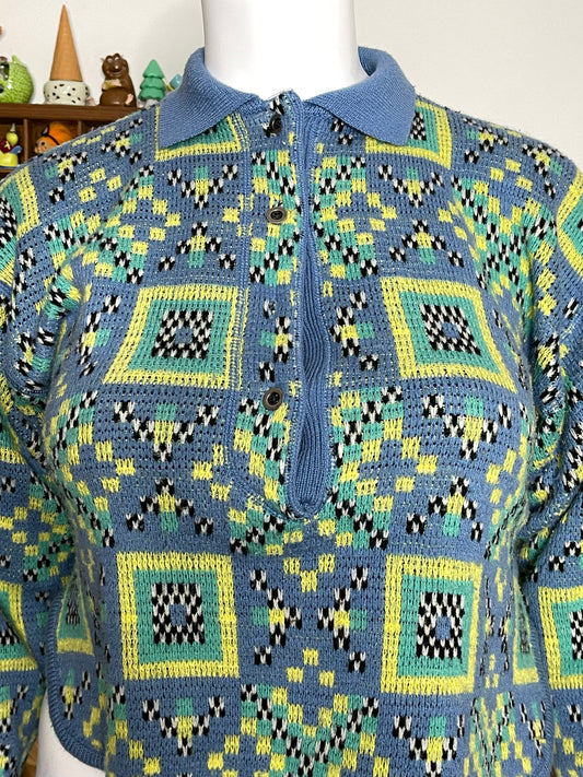 Vintage 90s Colorful Checkered Knit Semi Cropped Sweater Sz L