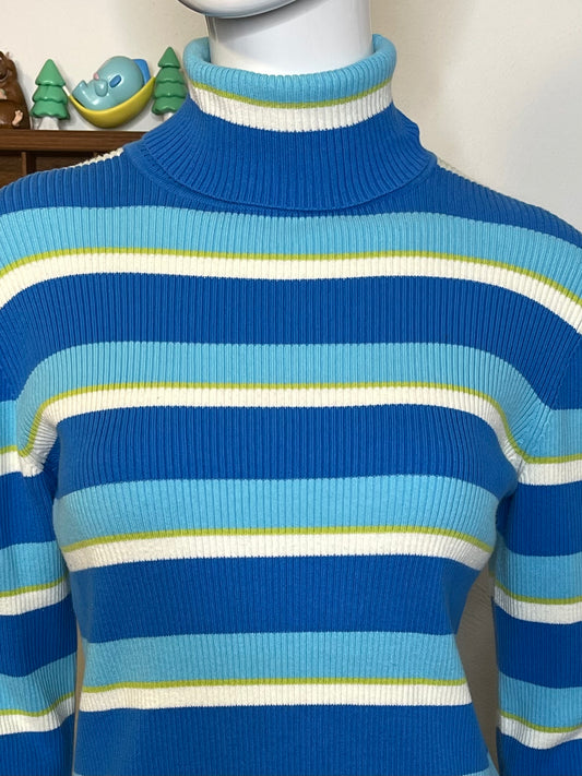 2000s Blue Green Striped Ribbed Turtleneck Sz M